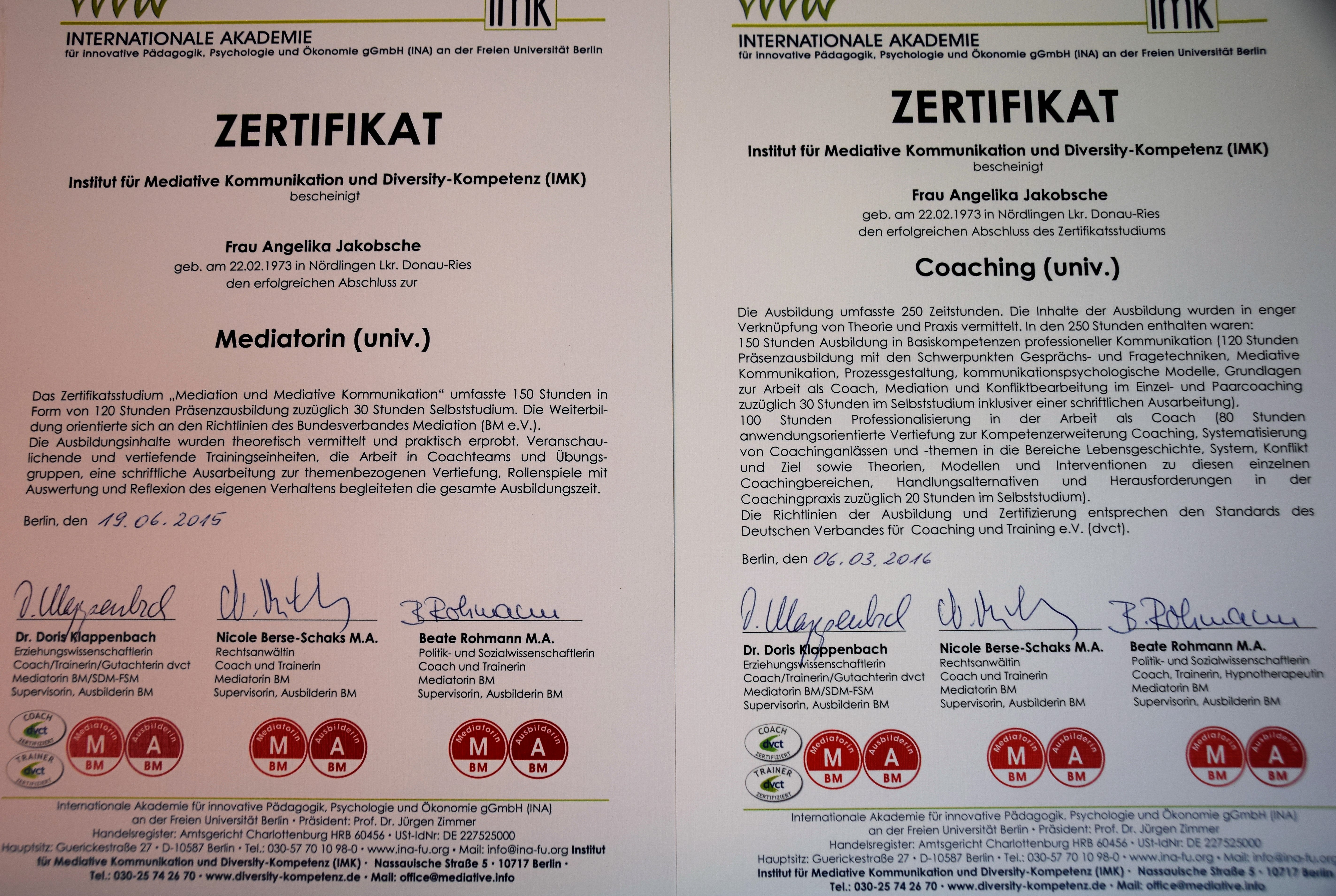 Zertifikate Coaching und Mediation